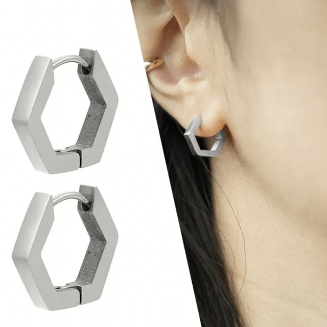 Hexagon hoop huggies - silver