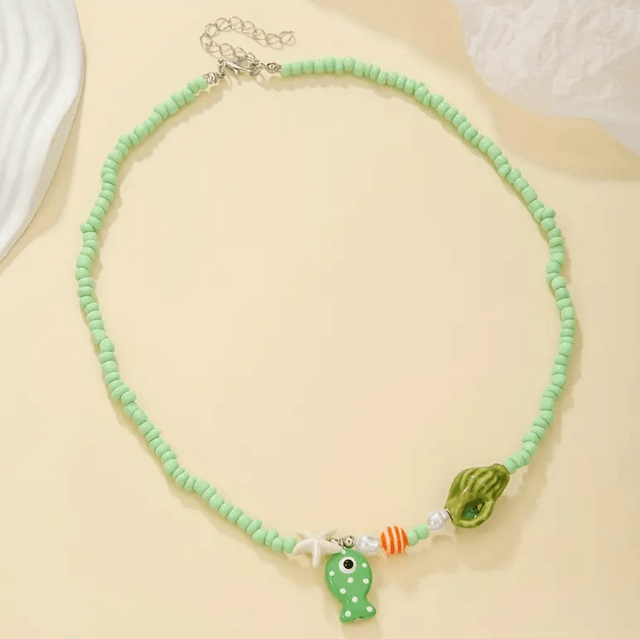 Green ceramic fish beaded necklace 