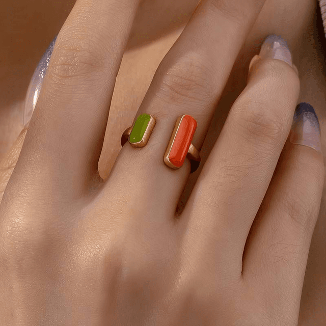 Enamel rectangle ring - green and orange