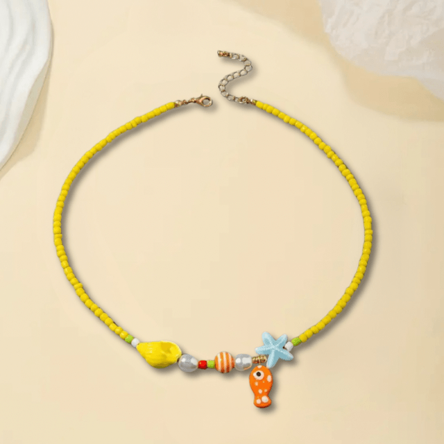 Yellow ceramic fish beaded necklace